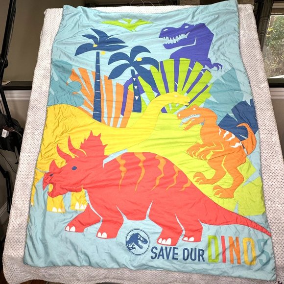 Jurassic World Save Our Dinos Bedding Comforter Blue Green Toddler Bed Blanket - Picture 1 of 11